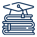Drawn icon of stack of books and a graduation hat above