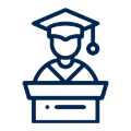 Drawn icon of a graduate student wearing hat and gown in front of a lectern