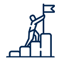 Drawn icon of a person climbing stairs to reach a goal marked by a flag