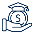 Drawn icon of a hand holding a coin and a graduation hat on top